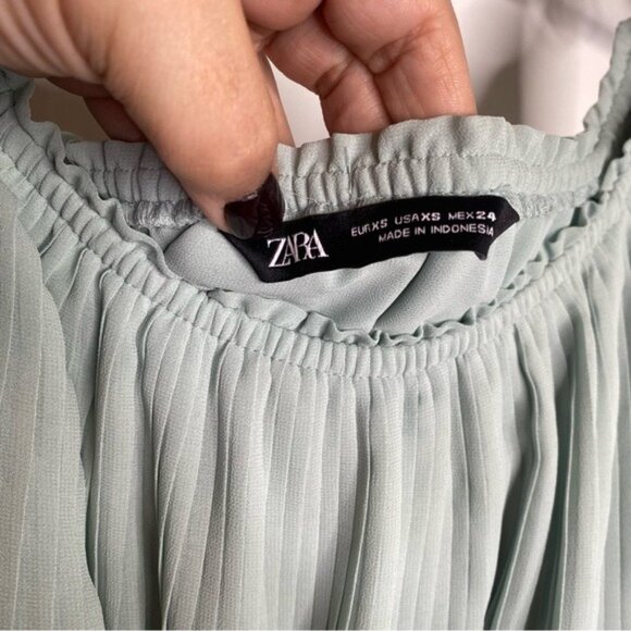 NWT Zara Off the Shoulder Belted Pleated Midi Dress in Mint Green - Picture 8 of 10